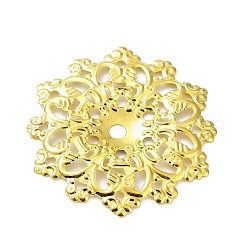 ラックメッキアイアンコネクターチャーム  花のリンク  エッチングされた金属装飾  ゴールドカラー  60x58x0.7mm  穴：5mmと2.7mm