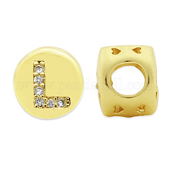 Perle di zirconi cubici trasparenti in micro pavè di ottone, piatta e rotonda con la lettera, letter.l, 7.5x6.5mm, Foro: 3.5 mm, 3pcs/scatola