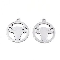 201 Stainless Steel Pendants, Laser Cut, Ring with Ox-Head, Stainless Steel Color, 19.5x17x0.9mm, Hole: 1.5mm