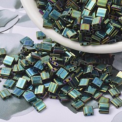 Perles miyuki tila, Perles de rocaille japonais, 2-trou, (tl468) iris vert malachite métallisé, 5x5x1.9mm, Trou: 0.8mm, environ 590 pcs/50 g