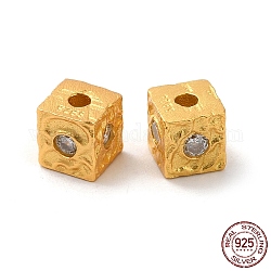 925 Sterling Silver Beads, Square, with S925 Stamp, Matte Gold Color, 4.3x4.3x4.3mm, Hole: 1.2mm