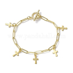 Golden 304 Stainless Steel Charm Bracelets with Brass Paperclip Chains, Cross, 7-1/2~7-5/8 inch(19.2~19.3cm)