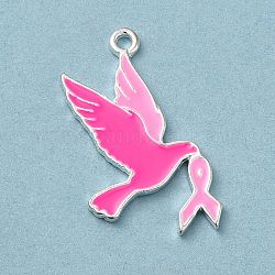 Colgantes de esmalte de aleación con tema de cinta de concientización rosa sobre el cáncer de mama, plata, pájaro, 27x15.5x1.4mm, agujero: 1.5 mm