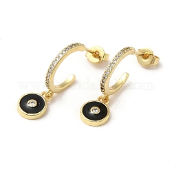 Anello e malocchio orecchini a bottone in vero ottone placcato oro 18k, orecchini a mezzo cerchio con zirconi e smalto, nero, 22.5x7mm