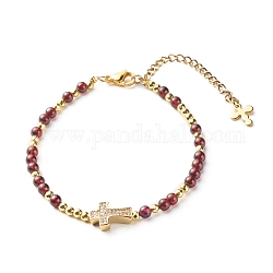 Braccialetto di perline con zirconi a croce per donna ragazza, braccialetto di granato naturale e perline di ottone, oro, 7-5/8 pollice (19.5 cm)