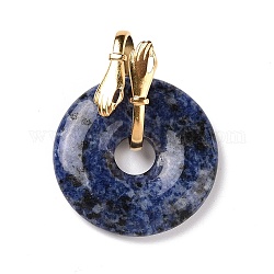 Natural Blue Spot Jasper Pendants, with Ion Plating(IP) Golden Tone 304 Stainless Steel Findings, Hand with Donut/Pi Disc Charm, 33.5x30x12mm, Hole: 13.5x6mm