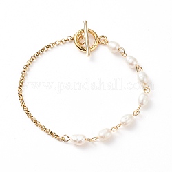 Pulsera de eslabones de perlas naturales con 304 cadena rolo de acero inoxidable para mujer, blanco, link: 14.5x5 mm, 7-5/8 pulgada (19.5 cm)