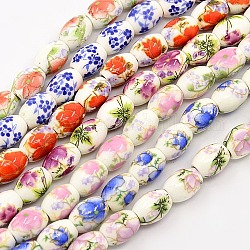 Perles porcelaine fleurs à la main imprimé baril brins, couleur mixte, 10x8mm, Trou: 2.5mm, Environ 35 pcs/chapelet, 14.56 pouce