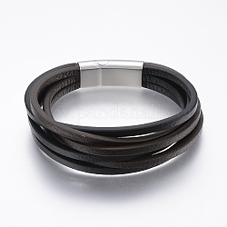 レザーコード多連ブレスレット  304のステンレス鋼マグネットクラスプ付き  ブラック  8-5/8インチ（22cm）