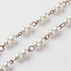 Cristal hechos a mano de abalorios de perlas cadenas, sin soldar, para collares pulseras decisiones, con alfiler de hierro, Bronce antiguo, blanco cremoso, 39.37 pulgada (1 m)