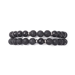 Set di braccialetti elasticizzati con perline rotonde in palissandro naturale e roccia lavica da 2 pz 2 per donna, nero, diametro interno: 2-1/4 pollice (5.7 cm), 1pc / style