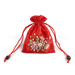 Sacchetti per imballaggio di gioielli in raso con motivo floreale, sacchetti regalo con coulisse, rettangolo, rosso, 14x10.5cm