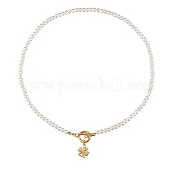 Collares colgantes de 304 acero inoxidable, con perlas redondas de imitación acrílica y rhinestone, trébol, blanco, dorado, 17.99 pulgada (45.7 cm)