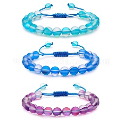 3Pcs Round Synthetic Moonstone Braided Bead Bracelets, Gemstone Jewelry for Women, Blue, Inner Diameter: 1-7/8~3-1/4 inch(4.8~8.3cm)