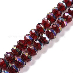 Trasparenti perle di vetro placca fili, sfaccettato, rondelle, mezzo arcobaleno placcato, rosso scuro, 7.5~8x6.5mm, Foro: 1.4 mm, circa 65pcs/filo, 16.54 pollice (42 cm)