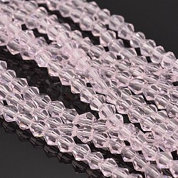 Bicone cuentas de vidrio hebras, facetados, rosa perla, 4x4mm, agujero: 1 mm, aproximamente 92~96 pcs / cadena, 13.78~14.37 pulgada