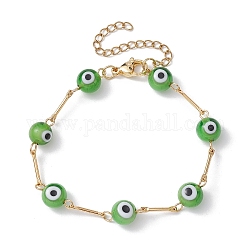 Bracelets de chaîne à maillons mauvais œil au chalumeau, avec des chaînes à maillons en laiton doré, lime green, 7 pouce (17.8 cm)
