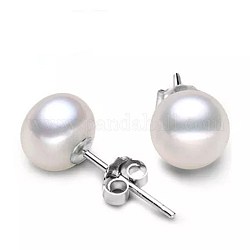 Pendientes redondos de perlas de imitación para niñas y mujeres., Pendientes de latón, whitesmoke, Platino, 8mm