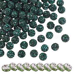 100pcs perles rondes en pâte polymère strass, avec 10pcs perles d'espacement en laiton strass, émeraude, pp13 (1.9~2mm), 6 rangs de strass, 10mm, Trou: 1.5mm, 110pc / boîte