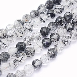 Naturale nero rutilato perle di quarzo fili, tondo, sfaccettato, 4mm, Foro: 0.5 mm, circa 93pcs/filo, 15.5 pollice (39.5 cm)