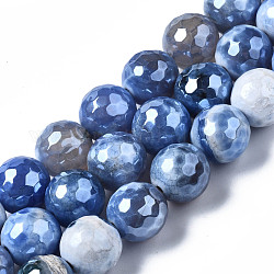 Filo di perline di agata naturale, lustro di perla placcato, sfaccettato, tondo, blu ardesia medio, 12mm, Foro: 1.6 mm, circa 32~34pcs/filo, 13.94~16.06 pollice (35.4~40.8 cm)