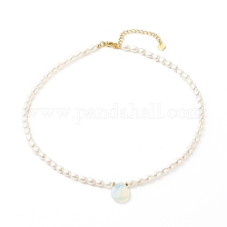 Pearl Beaded Necklace, with Synthetic Opalite Beads, Brass Finding, Teardrop, 39.7x0.4cm