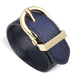 Bracelets de cordon en cuir, avec les accessoires en alliage, or, bleu de Prusse, 10 pouce (25.5 cm),  largeur de 28 mm