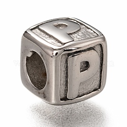 Perles européennes en 304 acier inoxydable, Perles avec un grand trou   , trou horizontal, cube avec la lettre, couleur inoxydable, letter.p, 8x8x8mm, Trou: 4.5mm