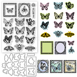 Globleland 1Pc Carbon Steel Cutting Dies Stencils, with 1 Sheet Custom PVC Clear Stamps, for DIY Scrapbooking, Photo Album, Decorative Embossing Paper Card, Butterfly, Cutting Dies Stencils: 108x159x0.8mm, Stamps: 160x110x3mm