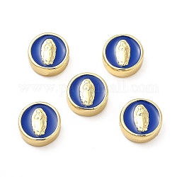 Perle di smalto in ottone, piatta e rotonda con virgin mary, vero placcato oro 18k, blu royal, 11x5mm, Foro: 2 mm