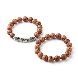 Natural Coconut Wood Beads Stretch Bracelets, with Tibetan Style Alloy Hollow Curved Tube Beads, Coconut Brown, Inner Diameter: 2-3/8 inch(6.1cm), 11.5mm, 2Pcs/set