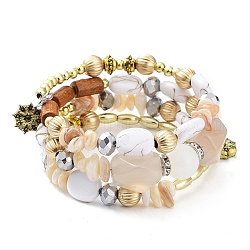 Braccialetto stile avvolgente a tre anelli con perline in lega e resina, bracciale in stile bohémien da donna, bianco, 7-1/8 pollice (18 cm)