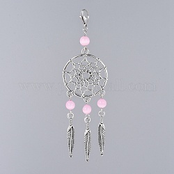 Alloy Big Pendants, with Cat Eye Beads and 304 Stainless Steel Lobster Claw Clasps, Woven Net/Web with Feather, Pink, 95mm