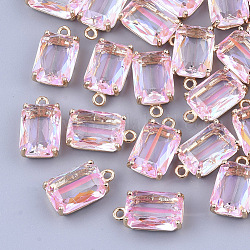 Transparent Glass Pendants, with Brass Findings, Faceted, Rectangle, AB Color Plated, Light Gold, Pearl Pink, 17.5x10x6.5mm, Hole: 1.6mm