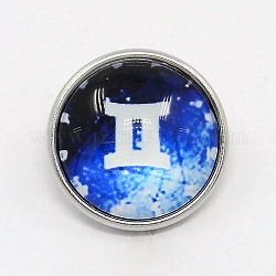 Platinum Plated Brass Glass Flat Round with Blue Constellation/Zodiac Sign Jewelry Snap Buttons, Cadmium Free & Nickel Free & Lead Free, Gemini, 12x9mm, Knob: 4.5mm