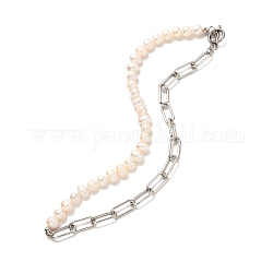 Vintage natürliche Perlenkette für Mädchenfrauen, 304 Halskette mit Büroklammerkette aus Edelstahl, weiß, 16.57 Zoll (42.1 cm)