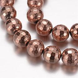 Non-Magnetic Hematite Beads Strands, Faceted, Round, Rose Gold Plated, 12mm, Hole: 1mm, about 33pcs/strand, 15.1 inch
