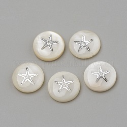 Perles de coquillages naturels d'eau douce, plat rond et étoile de mer / étoiles de mer, platine, 15x4mm, Trou: 1mm