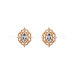 925 Sterling Silver Stud Earrings, with Rhinestone, Flower, Light Gold, Sapphire, 8x10x2mm, Pin: 1mm