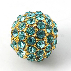 Perles de strass en alliage, Grade a, ronde, métal couleur or, aigue-marine, 10mm