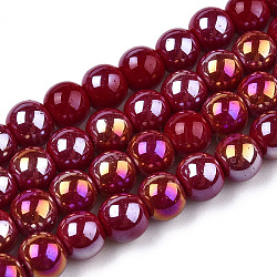 Chapelets de perles en verre opaque électrolytique, de couleur plaquée ab , ronde, rouge foncé, 6~6.5mm, Trou: 1.4mm, Environ 67~70 pcs/chapelet, 14.76 pouce ~ 15.16 pouces (37.5~38.5 cm)