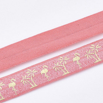 Flach elastische Schnur, Flamingo-Form & Kokospalmen-Muster, neon rosa , 15~16x1 mm, ca. 3.28 Yard (3m)/Rolle