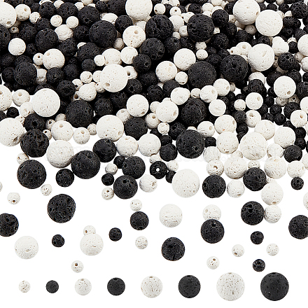 OLYCRAFT 710 Pcs Round Volcanic Lava Beads 4mm 6mm 8mm 10mm Natural Lava Beads with 1mm Hole Round Loose Energy Beads Gemstone Energy Beads for Bracelets Necklace Jewelry Making - Black/White G-OC0004-10-1