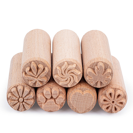OLYCRAFT 7PCS Wood Pottery Tools Stamps Column wooden Stamps Natural Wood Stamps with Mixed Patterns for Clay Christmas Birthday Gift AJEW-FG0001-02-1