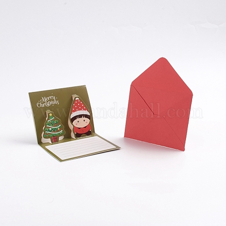 クリスマスポップアップグリーティングカードと封筒セット  面白いユニークな3dホリデーポストカード  クリスマスの贈り物  クリスマスツリーと子供の模様  オリーブ  8.5x10.5x0.01cm  81x10x0.04cm X-DIY-G028-D01-1