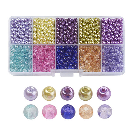 Jardín de lavanda mixto crackle vidrio y cristal pearl bead conjuntos HY-X0009-4mm-01-1