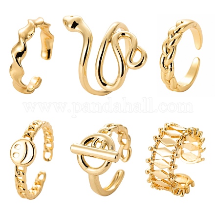 6Pcs 6 Styles Brass Cuff Rings RJEW-LS0001-32G-1