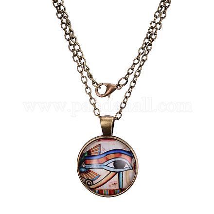 Egyptian Eye of Horus Pattern Flat Round Glass Pendant Necklaces X-NJEW-N0051-046M-01-1