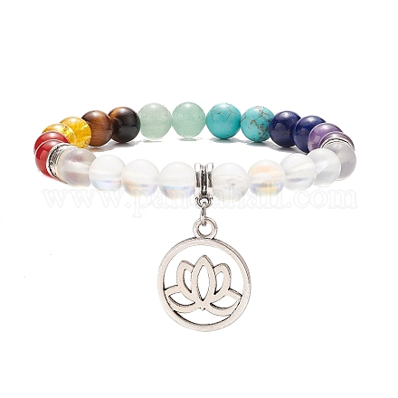 Synthetic Moonstone & Mixed Gemstone Stretch Bracelet with Alloy Lotus Charms BJEW-TA00134-02-1