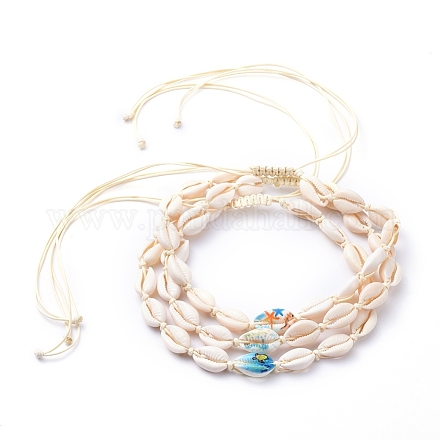 Регулируемые плетеные ожерелья из бусин и ракушек каури с принтом NJEW-JN02790-1